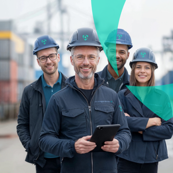 Van Ameyde maritieme en risicodeskundigen in veiligheidshelmen op een havenlocatie, klaar om vracht en schades te beoordelen.