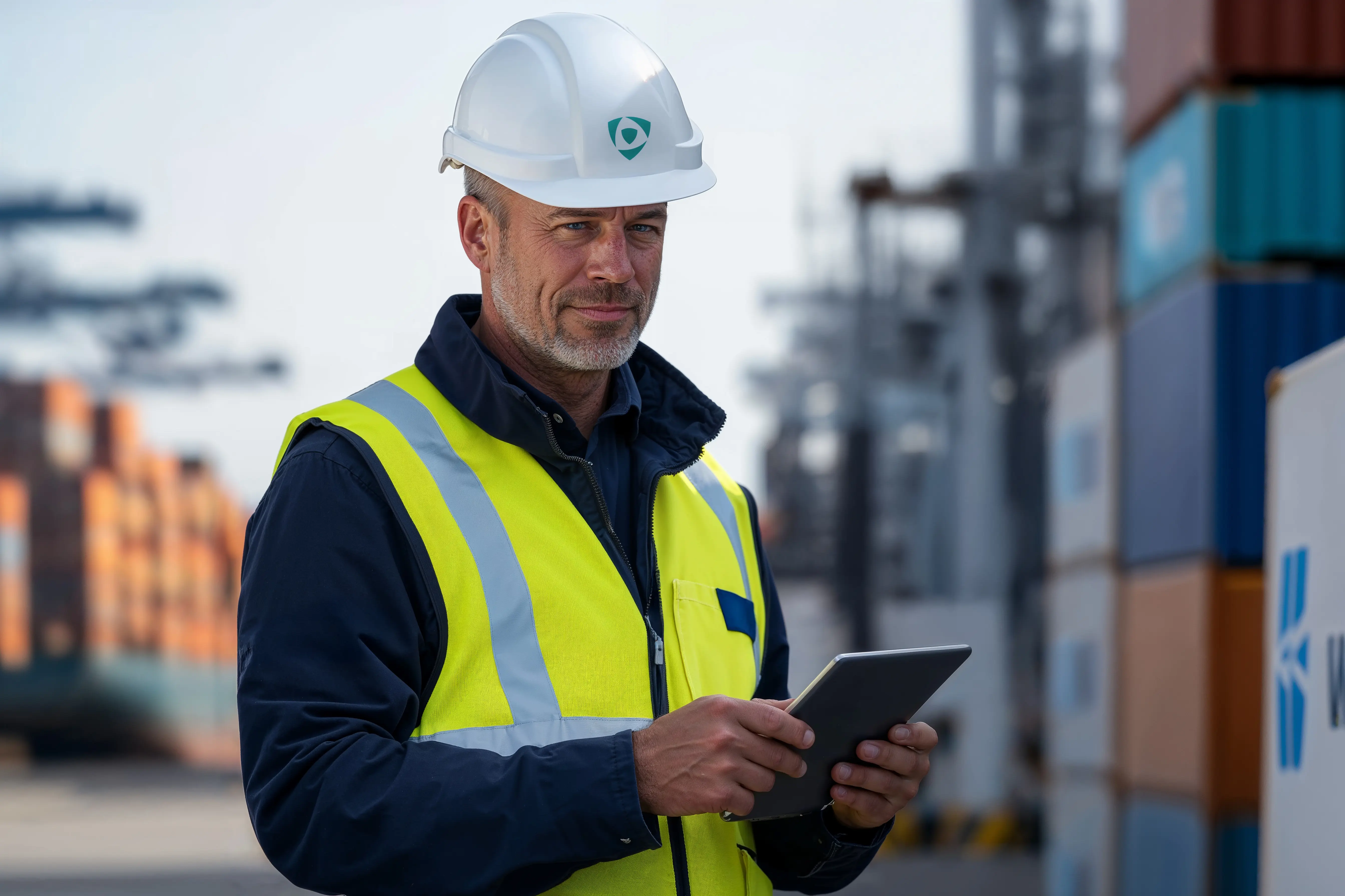 Specialist die vrachtoperaties inspecteert met behulp van een digitaal apparaat in een logistieke terminal.