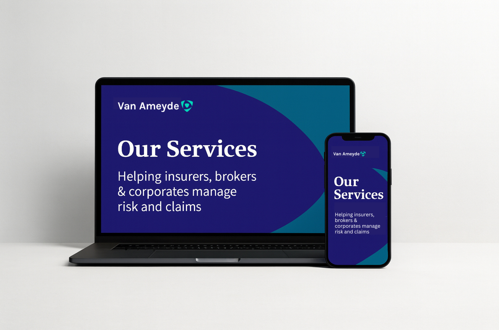 Van Ameyde claims management services displayed on laptop and mobile, helping insurers, brokers and corporates manage risk and claims.