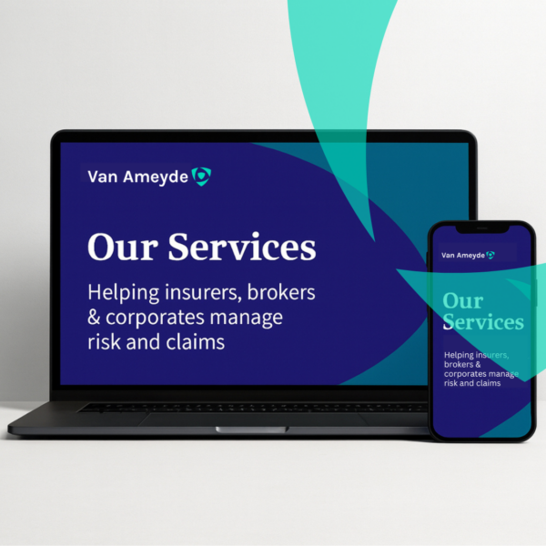 Les services de gestion des sinistres Van Ameyde affichés sur ordinateur portable et mobile, aidant les assureurs, les courtiers et les entreprises à gérer les risques et les sinistres.