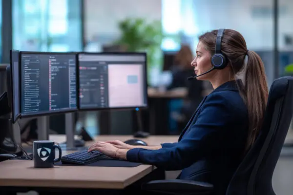 Spécialiste chez Van Ameyde, travaillant sur deux écrans avec un casque, représentant la gestion numérique et durable des sinistres.