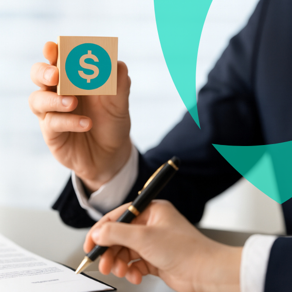 Forretningsmann som signerer et finansielt dokument mens han holder en blokk med et dollartegn, som representerer Van Ameydes pålitelige betalingsforsikring og skadetjenester.