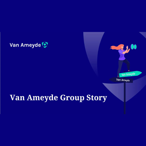 Illustrasjon som introduserer historien om Van Ameyde-gruppen, og viser Van Ameyde-logoen og en person som står ved et veikryss, et skilt som symboliserer retning, vekst og veiledning.