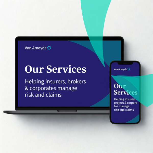 Van Ameyde claims management services displayed on laptop and mobile, helping insurers, brokers and corporates manage risk and claims.