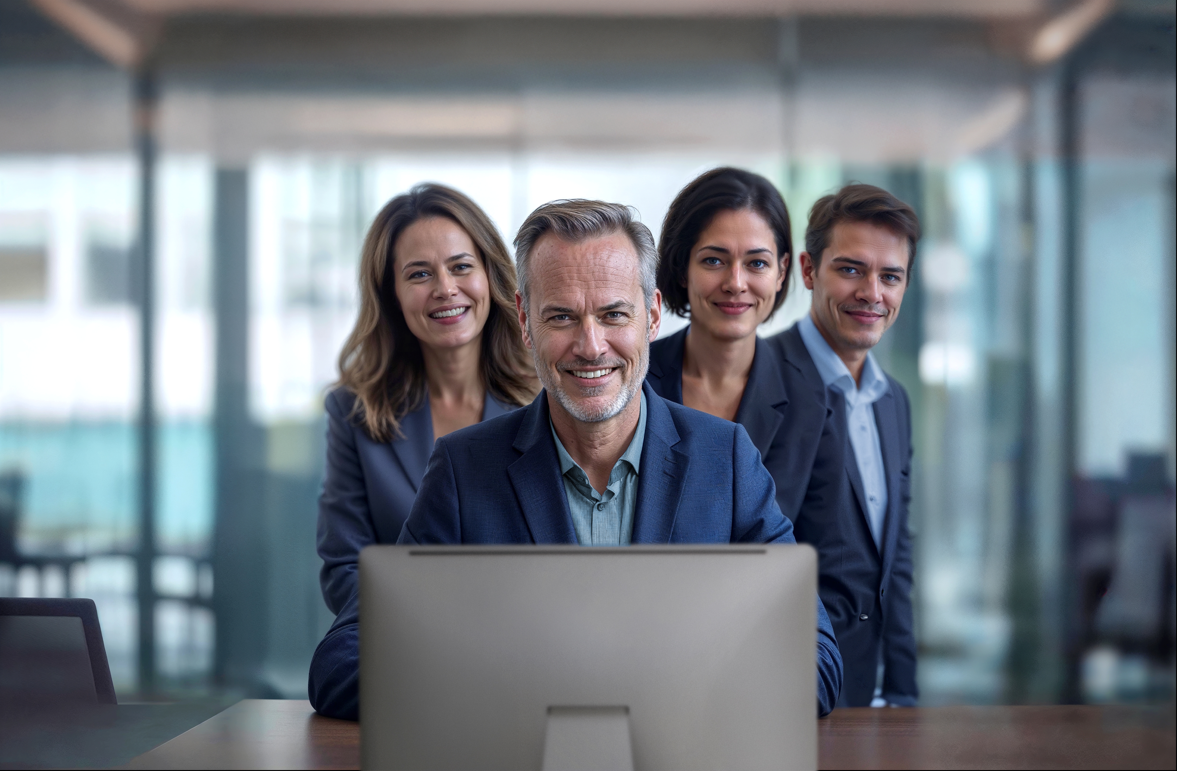 Um grupo de quatro especialistas em avaliações da Van Ameyde, de pé e sorrindo juntos.