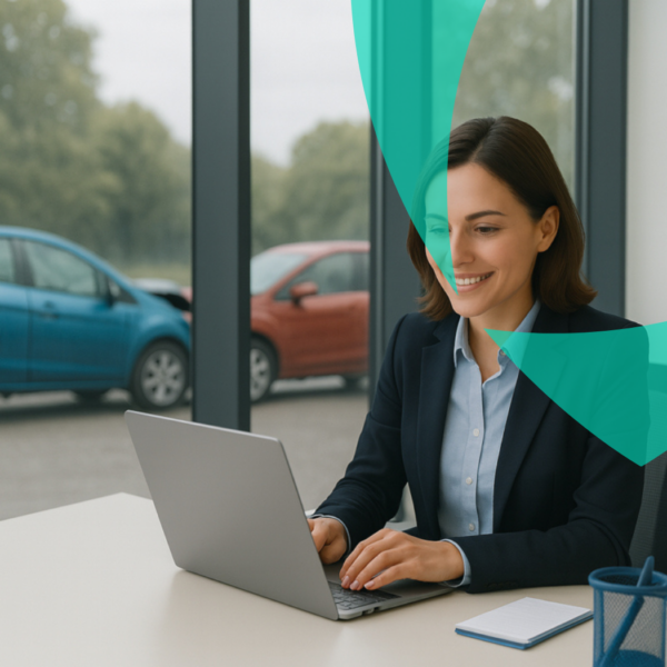 Professionell kvinna som arbetar på en bärbar dator på ett kontor med bilar utanför, vilket representerar skadereglering eller flottförvaltningstjänster.
