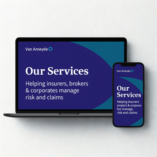 Van Ameyde claims management services displayed on laptop and mobile, helping insurers, brokers and corporates manage risk and claims.