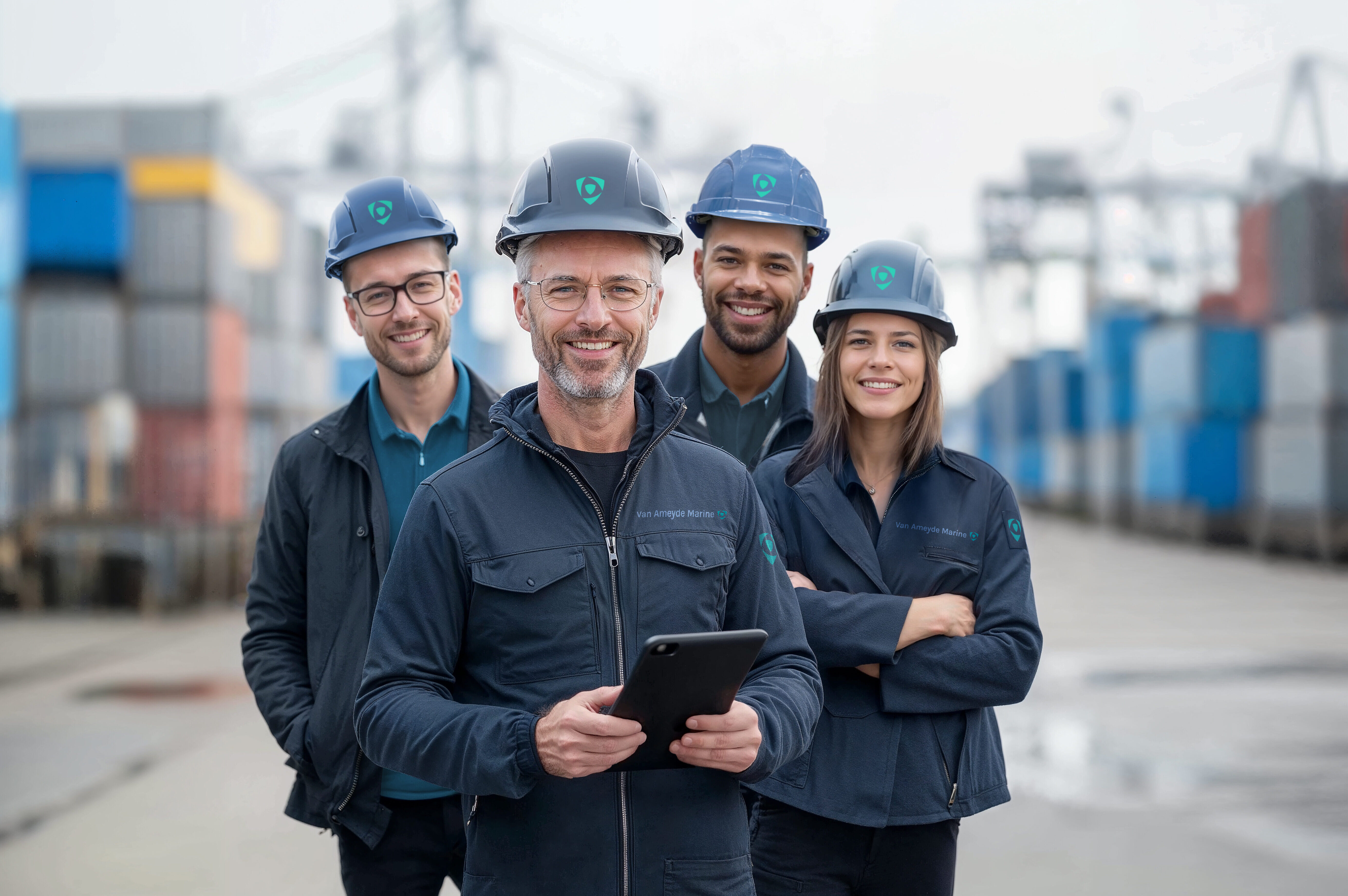 A group of 4 Van Ameyde marine specialists standing and smiling together.
